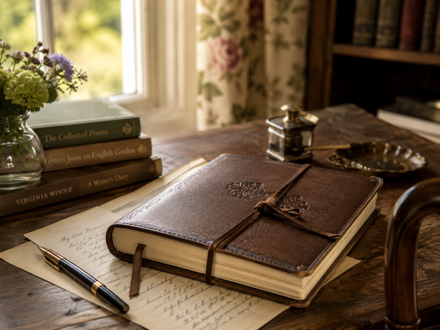 A notebook and pen on a warm wooden writing desk